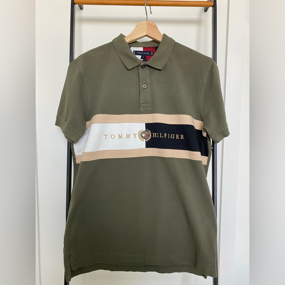 Tommy Hilfiger Olive and Beige Polo Shirt